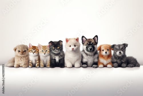 Cute dogs and cats together hanging paws over white horizontal website banner or social media header