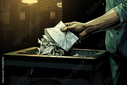 Illustration of a hand throwing crumpled papers into a trash can.