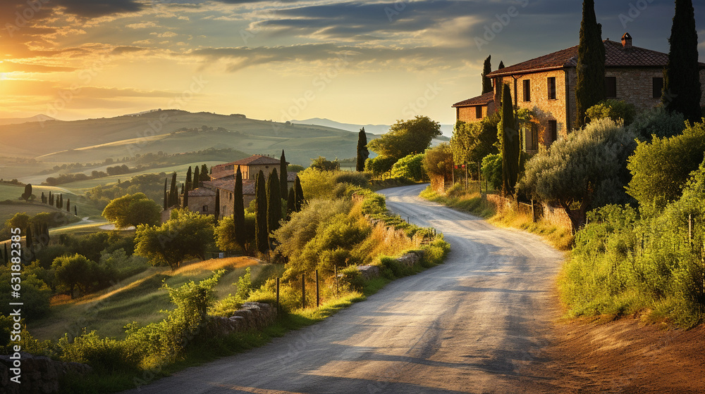 A picturesque Italian rural scene during the summertime, featuring an unoccupied country lane winding through a verdant expanse of Tuscan wheat fields. The sun setting over the fie Generative AI
