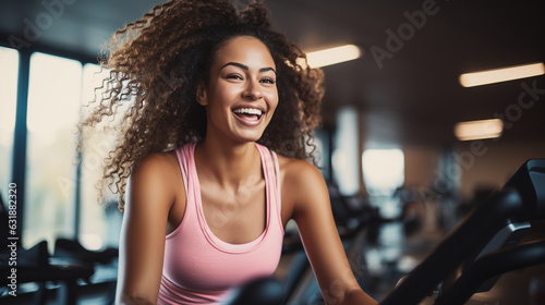Perspiring African-American woman working out on an indoor stationary cycling bike. Generative AI
