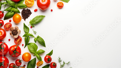 Arrangement of vibrant spices, fragrant basil leaves, and ripe tomatoes elegantly displayed against a pristine white backdrop, thoughtfully crafted for a captivating food blog