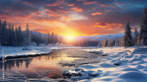 Winter sunset scenery showcasing a panoramic view of natural landscapes under the backdrop of Christmas ambiance. Generative AI © Julia