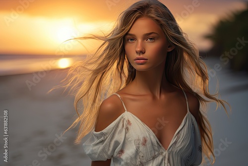 Gorgeous young blonde girl with blue green eyes walking on a beach at sunset wearing a white dress. © Sebastian Studio