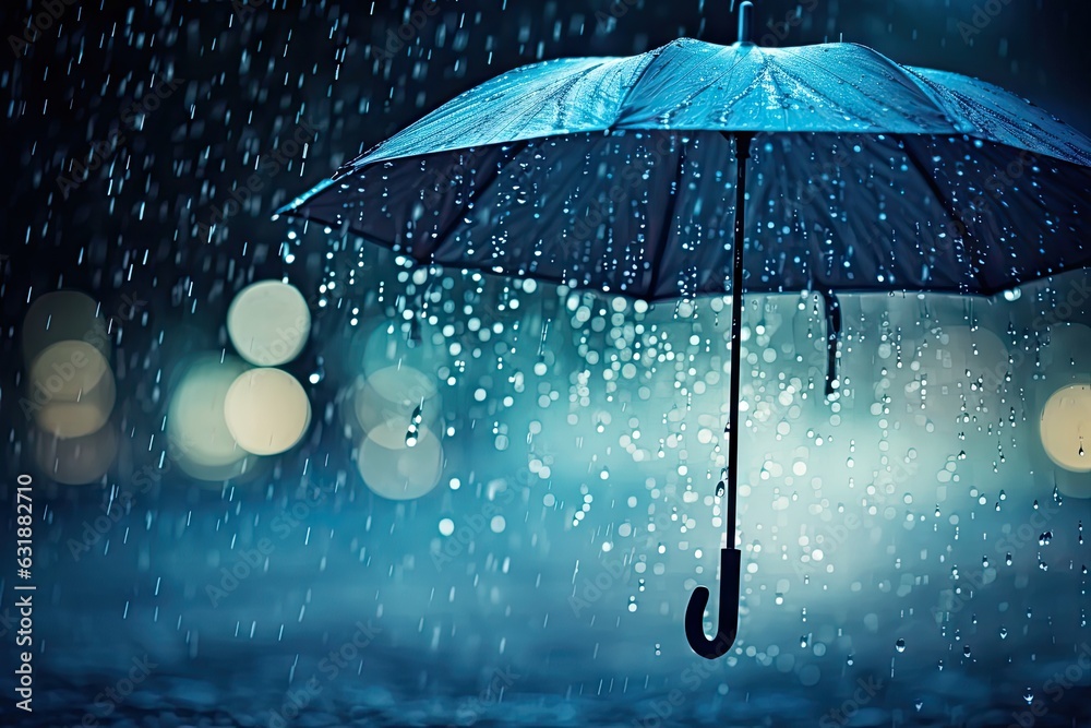 Blue umbrella in the rain, drops falling on the sidewalk.