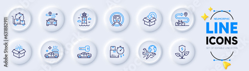 Car key, International flight and Return package line icons for web app. Pack of Journey, Food delivery, Delivery time pictogram icons. Eco power, Open box, Metro subway signs. Vector