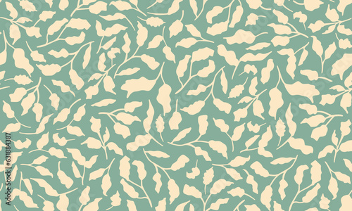 Sage green botany seamless repeat pattern. Random placed, vector leaves all over surface print.