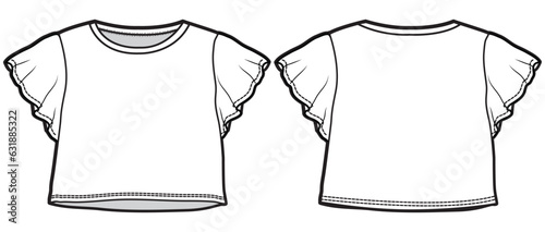 Baby girl flutter sleeve T Shirt design flat sketch fashion illustration drawing template mock up with front and back view. Toddler baby girl butterfly sleeve crop top T shirt cad vector template