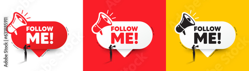 Follow me tag. Speech bubble with megaphone and woman silhouette. Special offer sign. Super offer symbol. Follow me chat speech message. Woman with megaphone. Vector
