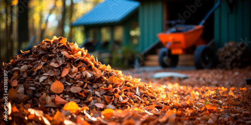 Obraz na płótnie pile of crunchy fall leaves with rakes and a garden shed in the background, Fall