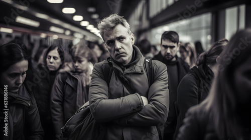 Showcase the emotions of frustration and impatience that passengers exhibit during delays or crowded conditions photo