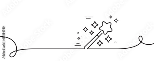 Magic wand line icon. Continuous one line with curl. Magician stick sign. Wizard tool with star symbol. Magic wand single outline ribbon. Loop curve pattern. Vector