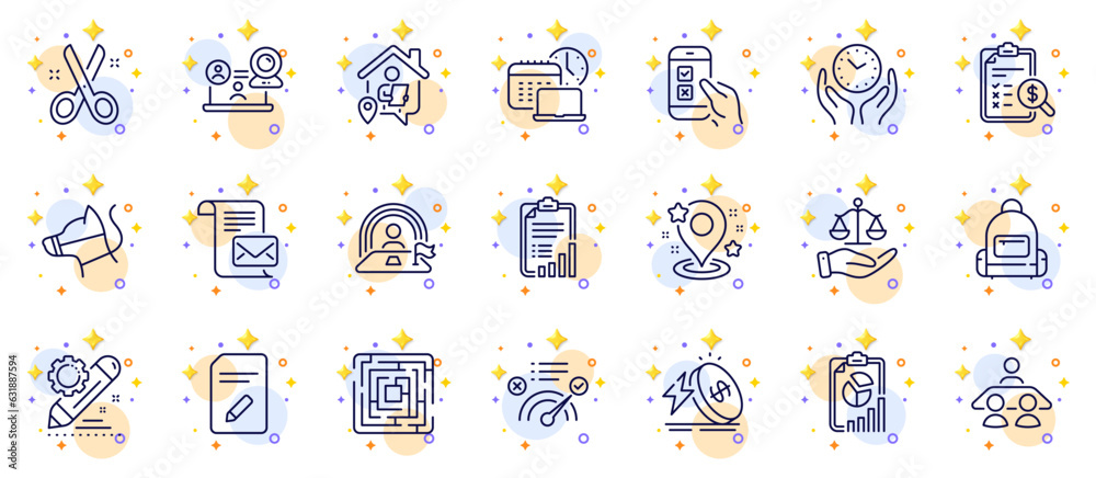 Outline set of Correct answer, Project edit and Maze line icons for web app. Include Video conference, Work home, Justice scales pictogram icons. Mail letter, Pin, Safe time signs. Vector
