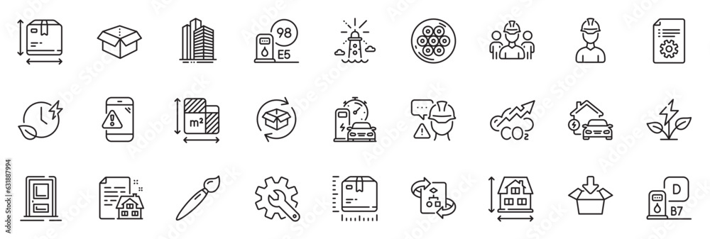 Icons pack as Co2, Open box and Skyscraper buildings line icons for app include Builder warning, Package size, Eco power outline thin icon web set. Brush, Technical documentation. Vector