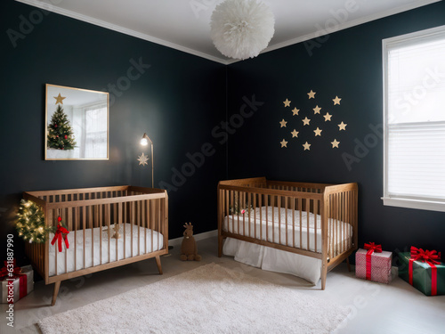 Wide-shot photo of a cozy children's room with a lot of Christmas decoration. Interior design.