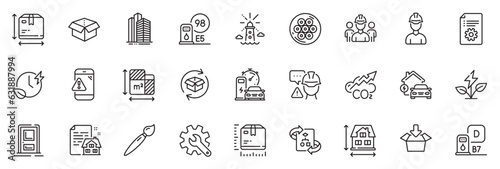 Icons pack as Co2  Open box and Skyscraper buildings line icons for app include Builder warning  Package size  Eco power outline thin icon web set. Brush  Technical documentation. Vector