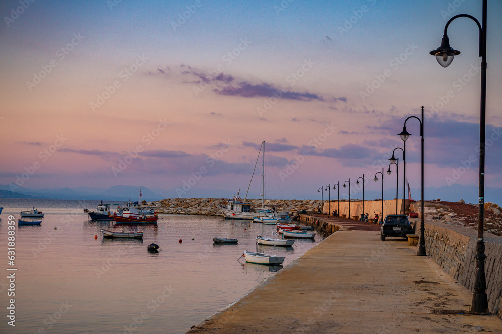 Beautiful seaside view of the port of Koroni fishing village in Messenia, Greece