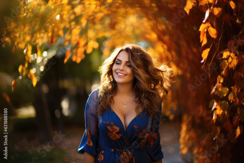 Happy plus size model in blue dress outdoors, fat woman in autumn park among yellow leaves, beauty in nature