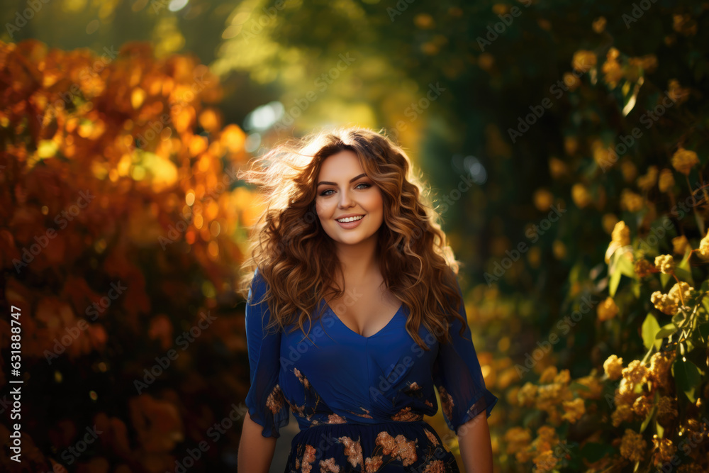 Happy plus size model in blue dress outdoors, fat woman in autumn park among yellow leaves, beauty in nature Happy plus size model in blue dress outdoors, fat woman in autumn park among yellow leaves, beauty in nature