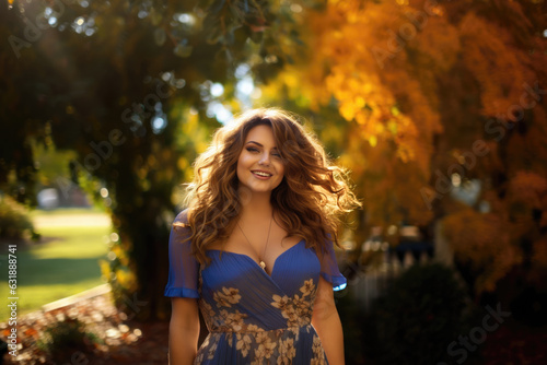 Happy plus size model in blue dress outdoors, fat woman in autumn park among yellow leaves, beauty in nature