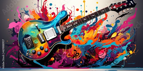 AI Generated. AI Generative. Draw paint sketch watercolor muisc guitar with color splash. Song audio band poster. 