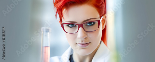 Brightly captivating redhead female chemist, wearing protective gear, delicately holding a test tube aside. Background subtly infers a complex lab setting. Generative AI