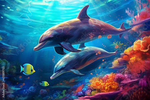Dolphins swimming in the ocean. 3D rendering. Underwater world. Generative AI. © YULIIA