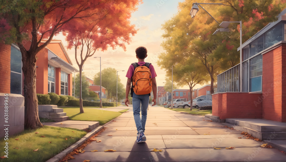 A vibrant, hand-drawn illustration of a student walking to school with a backpack full of books
