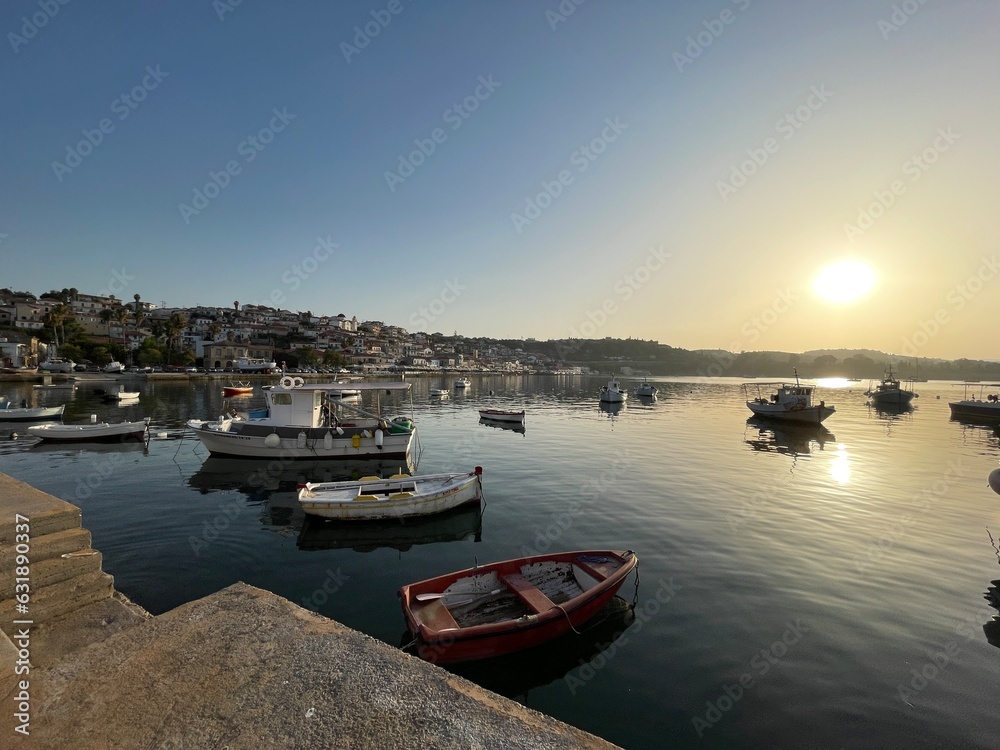 Beautiful seaside view of the port of Koroni fishing village in Messenia, Greece