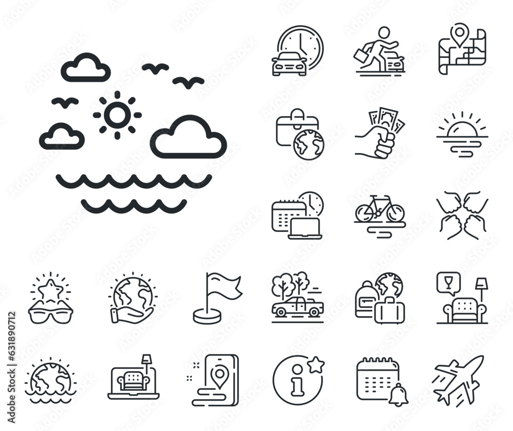 Sun, clouds and waves sign. Plane jet, travel map and baggage claim outline icons. Travel sea line icon. Summer holidays symbol. Travel sea line sign. Car rental, taxi transport icon. Vector Sun, clouds and waves sign. Plane jet, travel map and baggage claim outline icons. Travel sea line icon. Summer holidays symbol. Travel sea line sign. Car rental, taxi transport icon. Vector