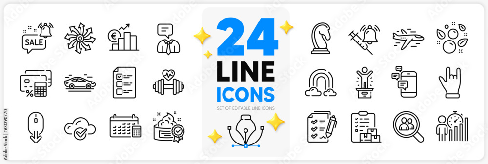 Icons set of Winner podium, Clean bubbles and Calendar line icons pack for app with Marketing strategy, Car, Promotion bell thin outline icon. Cloud computing, Vaccine announcement. Vector