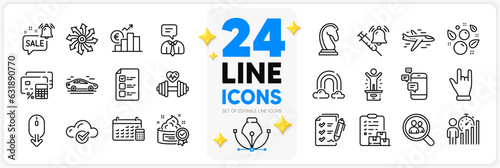 Icons set of Winner podium, Clean bubbles and Calendar line icons pack for app with Marketing strategy, Car, Promotion bell thin outline icon. Cloud computing, Vaccine announcement. Vector