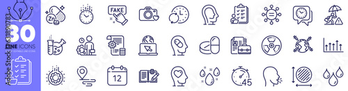 Inspect, Growth chart and Place line icons pack. Photo camera, Circle area, Chemistry lab web icon. Zinc mineral, Chemical hazard, Engineering documentation pictogram. Waterproof. Vector