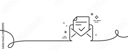 Approved mail line icon. Continuous one line with curl. Accepted or confirmed sign. Document symbol. Approved mail single outline ribbon. Loop curve pattern. Vector