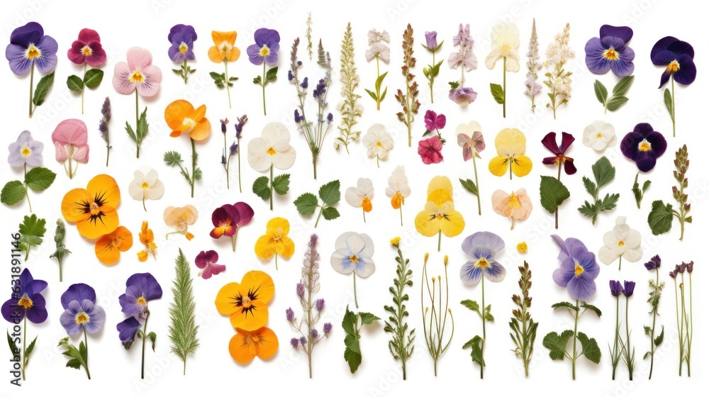 Collection of pressed flowers isolated on transparent background. Roses, buds and petals, violets, pansies, and feminine smock/meadow herbs. Cut out floral-herbal design elements.