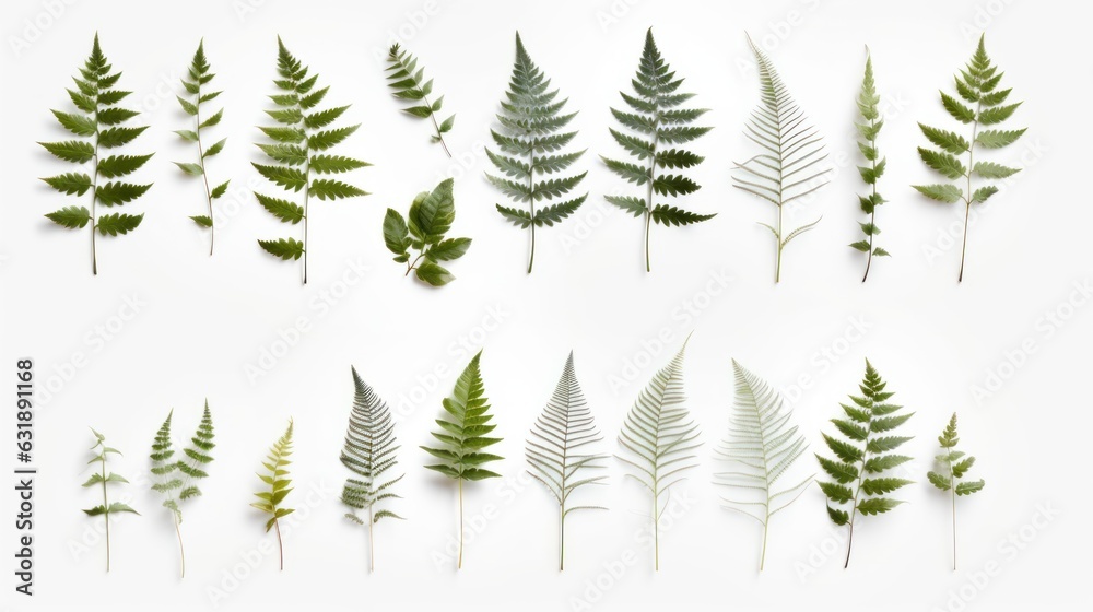 Many different pressed fern leaves isolated on white background, nature cut out, botanic, botanical herb or forest design element,