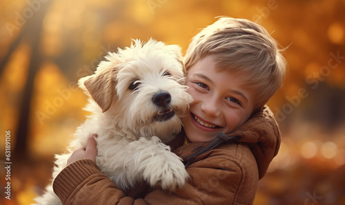 fröhlicher Junge mit seinem kuscheligen Hund im Herbst