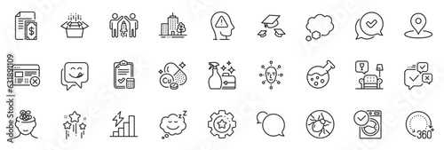 Icons pack as Washing machine, Pin and Bed bugs line icons for app include Anxiety, Face biometrics, Talk bubble outline thin icon web set. Chemistry lab, Settings gear. Vector
