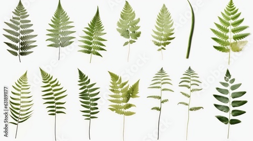Many different pressed fern leaves isolated on white background, nature cut out, botanic, botanical herb or forest design element,