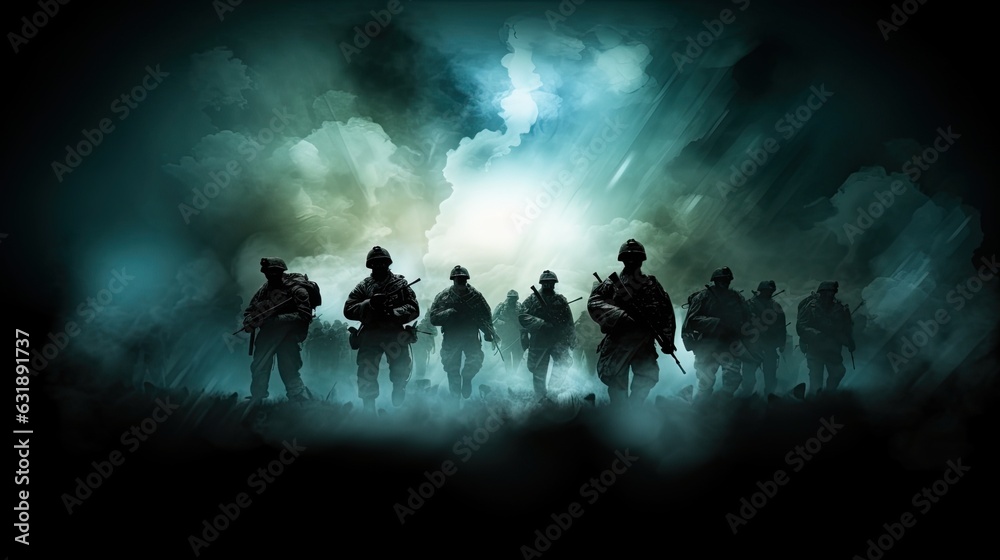 Fototapeta premium Fighting silhouettes in the night fog. Combat infantry attack. Fully equipped soldiers of war run forward with rifles ready to shoot. Military operation in action. Squad running in formation. Сoncept.