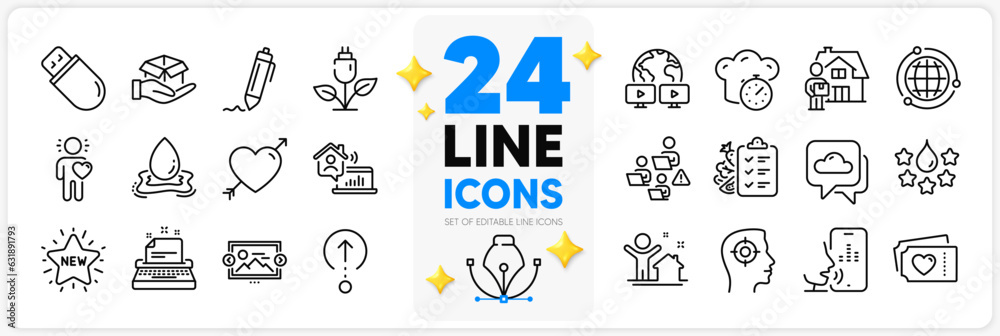 Icons set of Usb stick, Love and Work home line icons pack for app with Friend, Cooking timer, Delivery man thin outline icon. Eco power, Recruitment, Globe pictogram. Voicemail, Quality. Vector