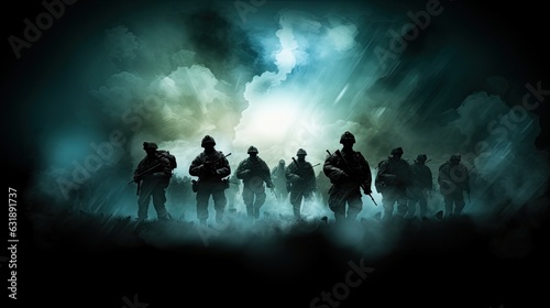 Fighting silhouettes in the night fog. Combat infantry attack. Fully equipped soldiers of war run forward with rifles ready to shoot. Military operation in action. Squad running in formation. Сoncept.