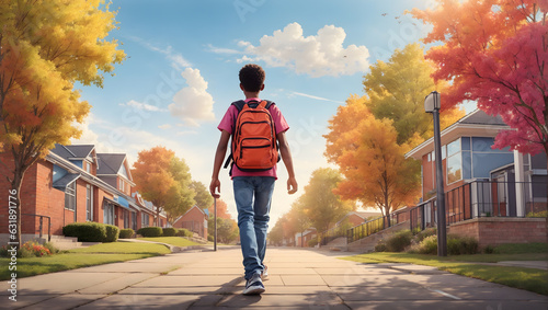 A vibrant, hand-drawn illustration of a student walking to school with a backpack full of books