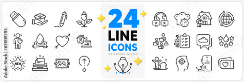 Icons set of Usb stick, Love and Work home line icons pack for app with Friend, Cooking timer, Delivery man thin outline icon. Eco power, Recruitment, Globe pictogram. Voicemail, Quality. Vector