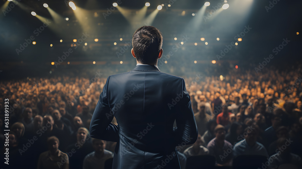 Back view of motivational speaker standing on stage in front of audience
 - obrazy, fototapety, plakaty 