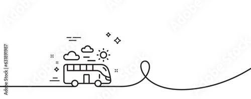 Bus travel line icon. Continuous one line with curl. Trip transport sign. Holidays vehicle symbol. Bus travel single outline ribbon. Loop curve pattern. Vector
