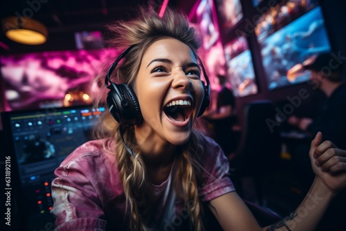 Joyful girl, an e sports gamer, celebrates victory behind the monitor in a cybersports competition.