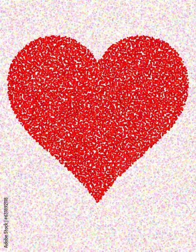 Red heart shape, a symbol of Love and Valentine's Day, in a pointillist style. Abstract impressionist artwork, pointillist painting with a big red heart and pink background.