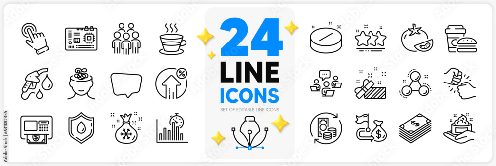 Icons set of Chat message, Stars and Change money line icons pack for app with Loan percent, Teamwork, Chemistry molecule thin outline icon. Petrol station, Motherboard, Group people pictogram. Vector
