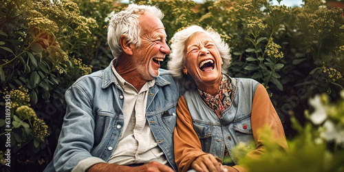 Vibrant snapshot of a joyful elderly couple sharing genuine laughter in a lush garden, radiating pure happiness and love under natural sunlight. Generative AI
