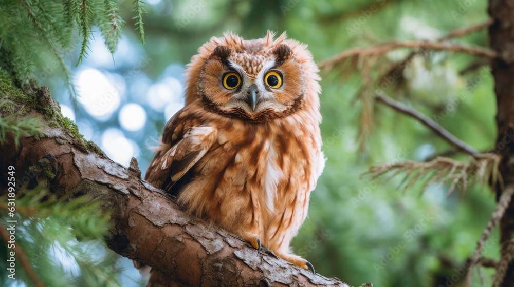 The eagle owl sits on a tree branch in the forest and looks into the camera with yellow eyes. Illustration for cover, card, postcard, interior design, decor or print. The eagle owl sits on a tree branch in the forest and looks into the camera with yellow eyes. Illustration for cover, card, postcard, interior design, decor or print.